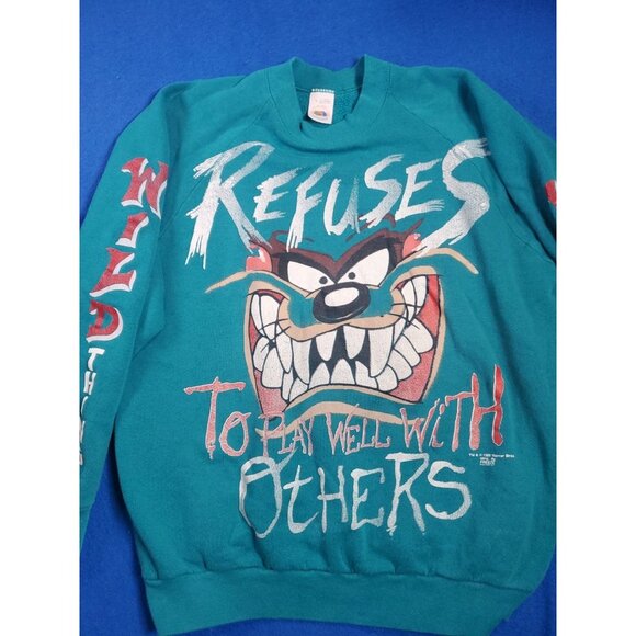 Vintage Taz Refuses To Play Well With Others Wild Thing Sweatshirt L 1995 Teal - Picture 13 of 15